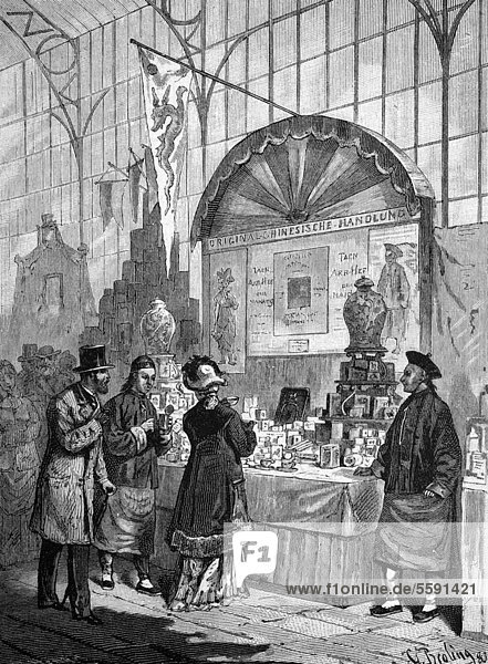 Chinese merchant at a cooking exhibition in Leipzig  Saxony  Germany  historical engraving  1883