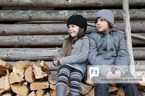 Mädchen und Junge sitzen auf einem Holzstapel