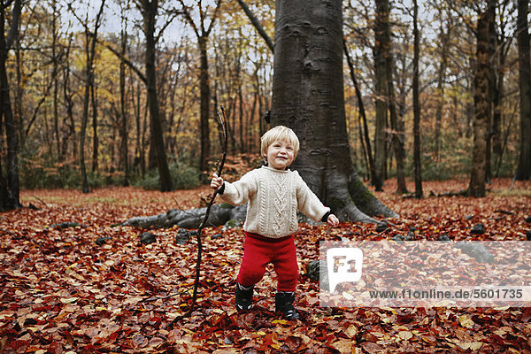Toddler walking in autumn leaves
