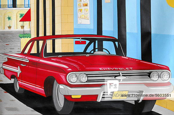 Gemälde von einem Oldtimer Andenken Souvenir Caya Coco Nordküste Kuba Große Antillen Karibik Mittelamerika Amerika
