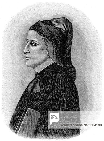 Portrait von Dante Alighieri  1265 - 1321  ein italienischer Dichter und Philosoph  historische Zeichnung aus dem 19. Jahrhundert