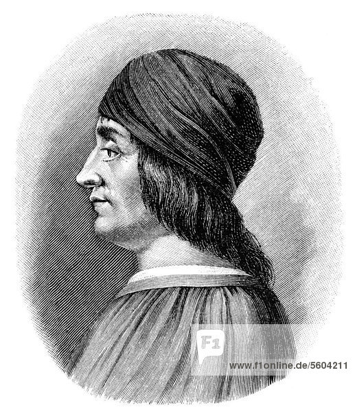 Historische Zeichnung aus dem 19. Jahrhundert  Portrait von Matteo Maria Boiardo oder Bojardo  1441 - 1494  ein italienischer Dichter