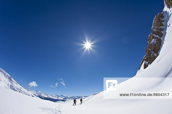Zwei Bergsteiger im Aufstieg mit Ski  Skitour auf das Torrenthorn  Leukerbad  Wallis  Schweiz  Europa