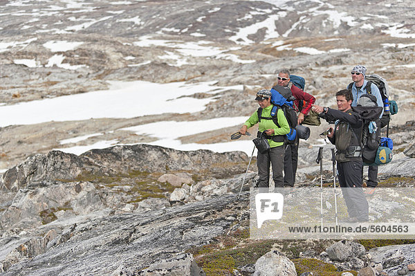 Group of hikers with a guide  at Mittivakkat Glacier  Ammassalik Peninsula  East Greenland  Greenland