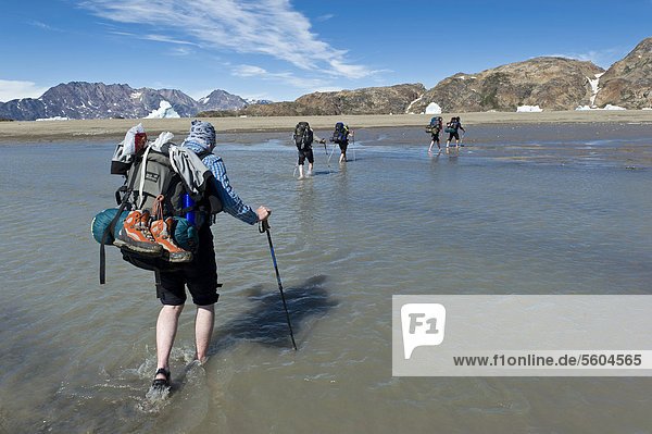 Group of hikers with backpacks crossing a creek at Sermelik Fjord  Ammassalik Peninsula  East Greenland  Greenland