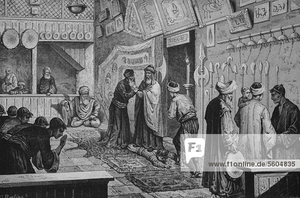 Miracle healing in the Monastery of the Howling Dervishes in Scutari  today Shkodra  Albania  historical engraving  1883
