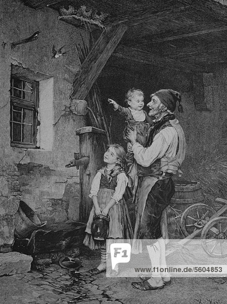 Bauer zeigt den Kindern die nestbauenden Schwalben historischer Stich 1883