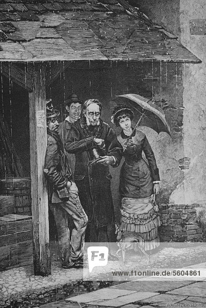Sommerfrischler haben sich bei Regen untergestellt  historischer Stich  1883