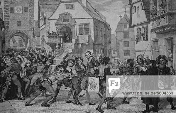 Bestrafung des häuslichen Unfriedens im Mittelalter historischer Stich 1883