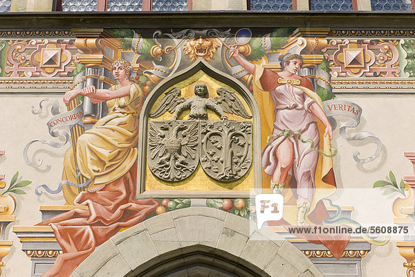 'Old town hall  mural painting  lettering ''Concordia''  harmony  and ''Veritas''  truth  Lindau  Baden-Wuerttemberg  southern Germany  Europe'
