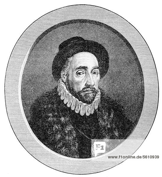 Historischer Druck aus dem 19. Jahrhundert  Portrait von Michel Eyquem de Montaigne  1533 - 1592  ein Politiker  Philosoph und Begründer der Essayistik