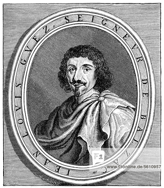 Historischer Druck aus dem 19. Jahrhundert  Portrait von Jean-Louis Guez de Balzac  1597 - 1654  ein französischer Schriftsteller