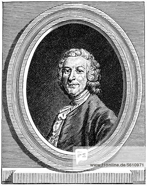 Historical print from the 19th century  portrait of Pierre Claude Nivelle de La ChaussÈe  1692 - 1754  a French playwright