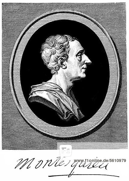 Historischer Druck aus dem 19. Jahrhundert  Portrait von Charles-Louis de Secondat  Baron de La BrËde et de Montesquieu  1689 - 1755  ein französischer Schriftsteller  Philosoph und Staatstheoretiker der Aufklärung