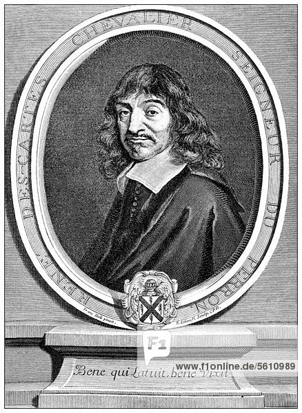 Historische Zeichnung aus dem 19. Jahrhundert  RenÈ Descartes oder Renatus Cartesius  1596 - 1650  ein französischer Philosoph  Mathematiker und Naturwissenschaftler