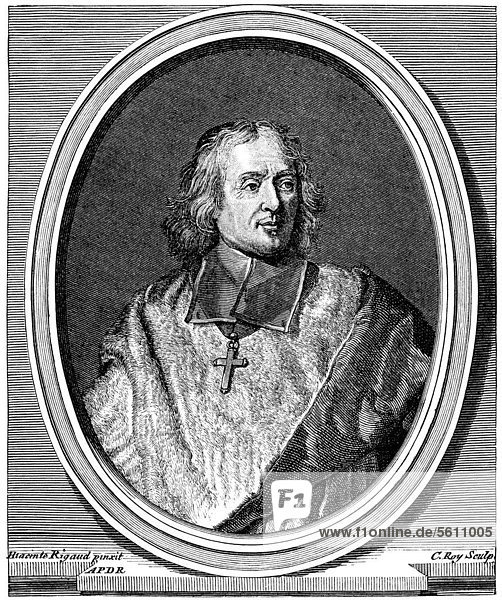 Historischer Druck aus dem 19. Jahrhundert  Portrait von Jacques BÈnigne Bossuet  1627 - 1704  ein französischer Bischof und Autor