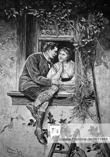 Man climbing up to his sweetheart's window  historical engraving of 1883