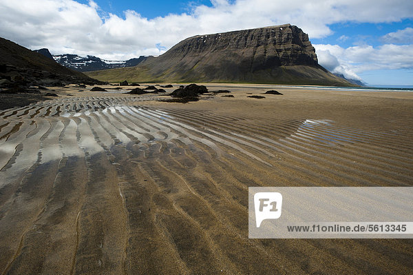 Sandy beach  Arnarfjoer_ur fjord  Westfjords  Iceland  Europe