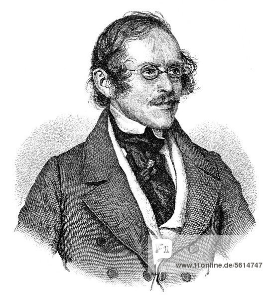 Historische Zeichnung aus dem 19. Jahrhundert  Portrait von Eduard von Bauernfeld oder Rusticocampius Feld  1802 - 1890  ein österreichischer Schriftsteller