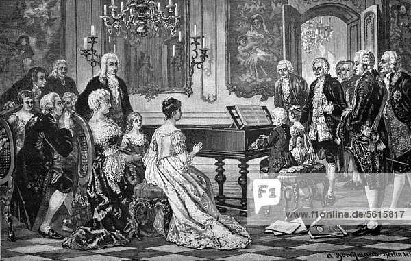 Mozart and his sister playing in front of the Empress Maria Theresia  historic engraving  1888
