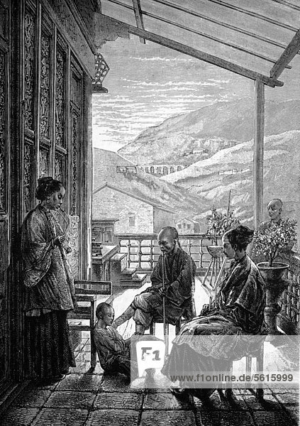 Family scene in ancient China  historical illustration  wood engraving  circa 1888