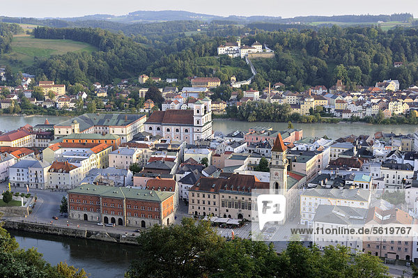View from Veste Oberhaus fortress over the historic town centre between the Inn and Danube rivers  Passau  Lower Bavaria  Bavaria  Germany  Europe  PublicGround