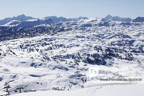 Ski area of Krippenstein Mountain with Margschierf Mountain and the Dachstein Mountains  Salzkammergut  Upper Austria  Austria  Europe