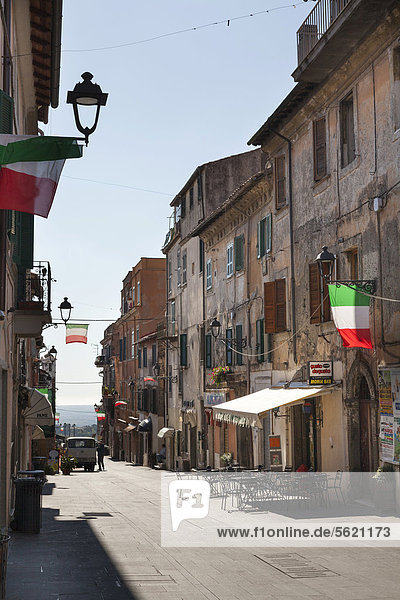 Corso Garibaldi with empty street restaurant and Italian flags  Ariccia  Lazio  Italy  Europe