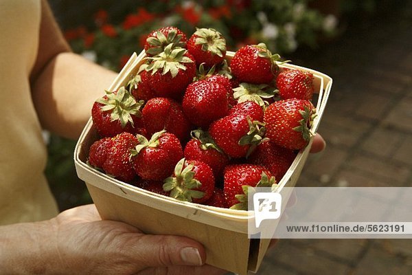 Frau hält Spankorb mit frischen Erdbeeren