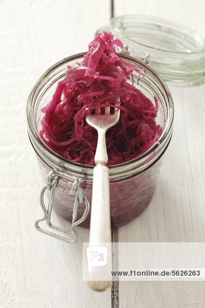 A jar of red cabbage salad