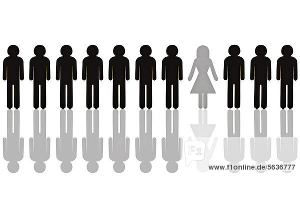 Reihe männlicher Piktogrammfiguren  dazwischen eine graue weibliche Figur  Symbolbild Frauenquote