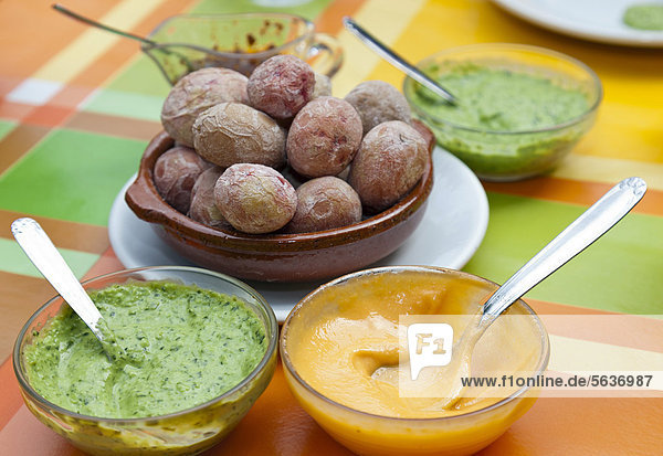 Potatoes with mojo sauce  typical dish from the Canaries  Tenerife  Canary Islands  Spain  Europe