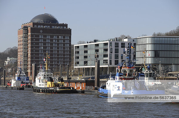 Augustinum retirement home  office building and tug boats  Port of Hamburg  Altona  Hamburg  Germany  Europe