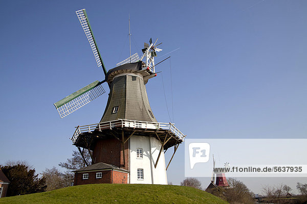 Greetsieler Zwillingsmuehlen windmills  two historic windmills in the resort town of Greetsiel  East Frisia  Lower Saxony  Germany  Europe
