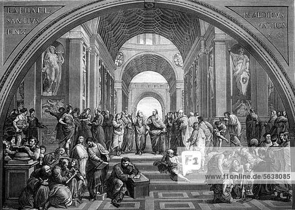 The School of Athens  1510  engraving after a painting by Raphael  historical woodcut  circa 1888