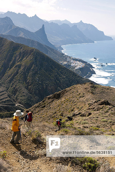 Hikers above the coast the Benijo  Anaga Mountains  Anaga  northeastern Tenerife  Canary Islands  Spain  Europe