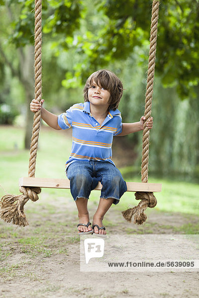 Smiling boy sitting in tree swing