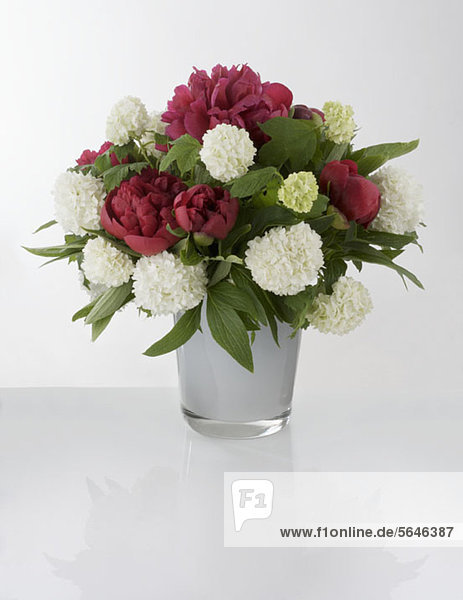 Ein Strauß roter und weißer Blumen in einer Vase