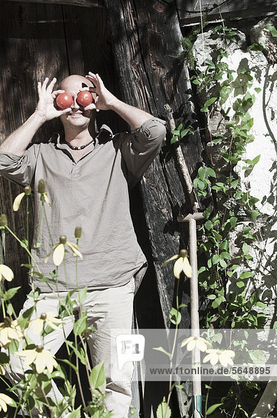 Österreich  Salzburg  Flachau  Reifer Mann hält Tomaten vor den Augen  lächelnd