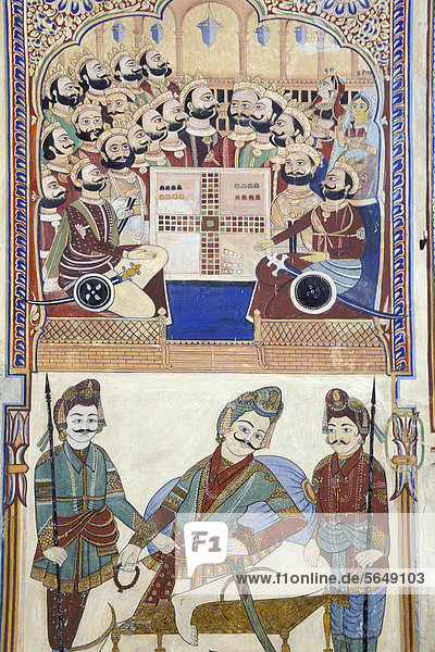 Wandmalerei  Männer und Brettspiel  Haveli  Mandawa  Region Shekhawati  Rajasthan  Nordindien  Indien  Südasien  Asien