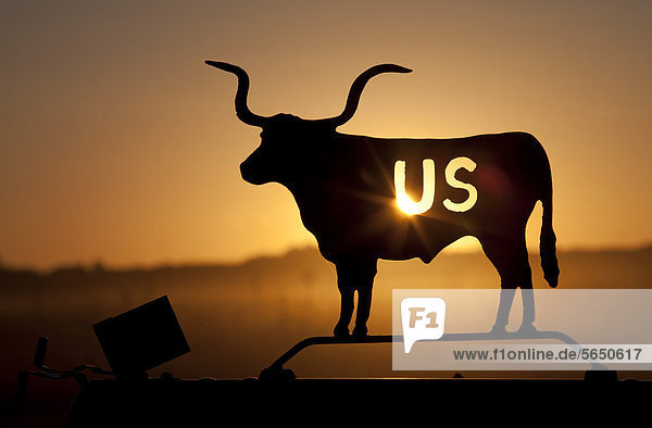 A setting sun shines through an image of a Texas longhorn cow on the U.S. Fish and Wildlife Service mailbox at the Fort Niobrara National Wildlife Refuge  Valentine  Nebraska  USA