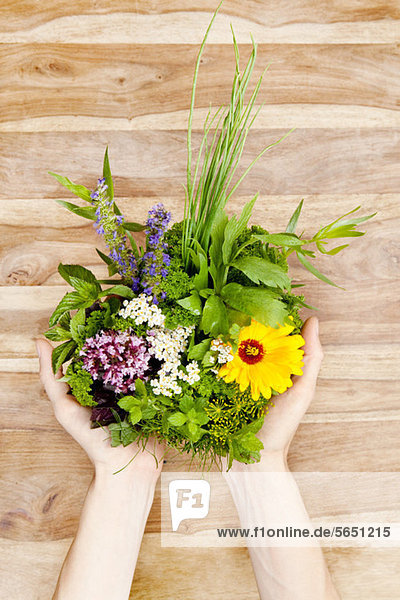 Person holding edible flowers and herbs