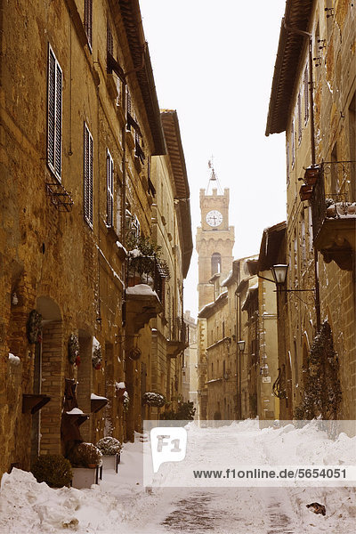 Snow-covered road in Pienza  Tuscany  Italy  Europe