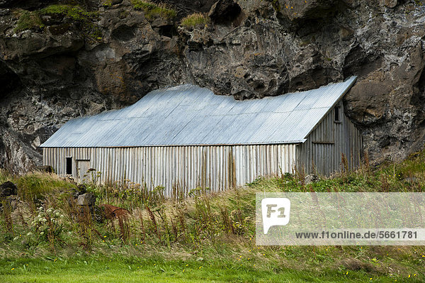 An den Felsen gebaute Scheune  Austurland  Ost-Island  Island  Europa