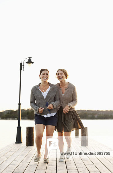 Cheerful women walking on pier