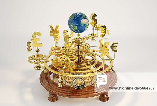 Goldene Währungssymbole auf einem Sonnensystem-Modell mit Globus