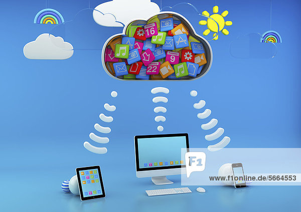 Computer und Tablet-PCs verbunden über eine Wolke mit Apps