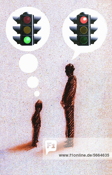 Grüne Ampel in Gedankenblase über einem Jungen und rote Ampel in Gedankenblase über einem Mann