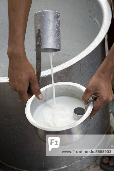 Man ladling fresh milk into pot  cropped