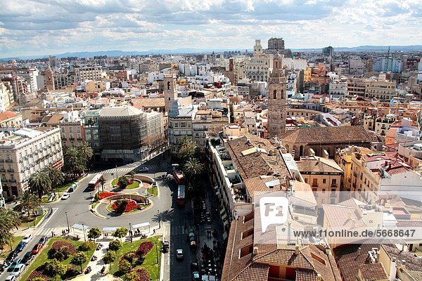 Plaza de la Reina and Old Town  Aerial view from Torre del Miguelete  Cathedral  Valencia  Comunitat Valenciana  Spain  Europe